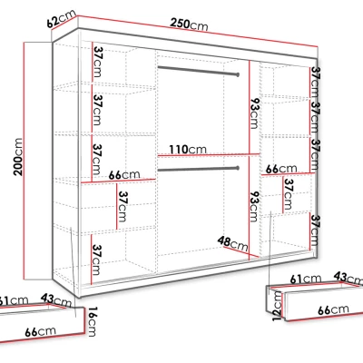 Zrcadlová šatní skříň 250 cm se zrcadlem a šuplíky CARSON 1 - černý mramor / černá / zlatá