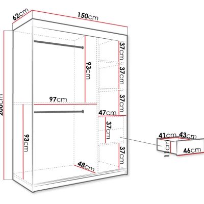 Šatní skříň 150 cm se zrcadlem a šuplíky CARSON 1 - bílý mramor / černá / zlatá