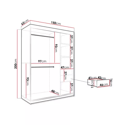 Šatní skříň 150 cm se zrcadlem a šuplíky CARSON 1 - bílý mramor / bílá / zlatá