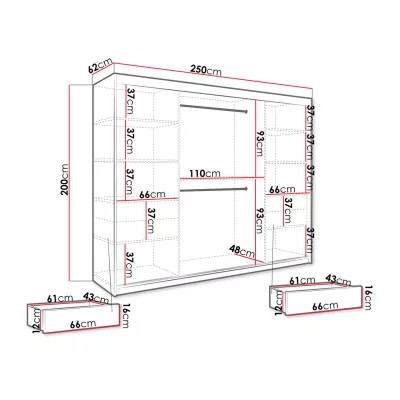 Šatní skříň 250 cm se zrcadlem a šuplíky CARSON 3 - bílý mramor / bílá / zlatá