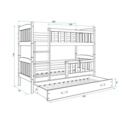 Dětská patrová postel s přistýlkou a matracemi 90x200 BRIGID - bílá / modrá