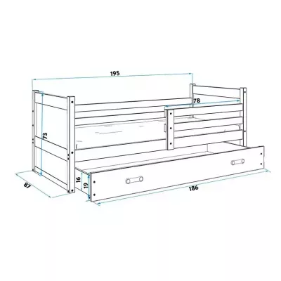 Dětská postel s úložným prostorem s matrací 80x190 FERGUS - grafit / růžová