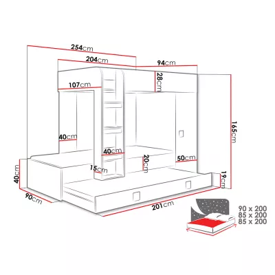 Dětská patrová postel s přistýlkou 90x200 LANKA 2 - bílá / lesklá bílá / šedá