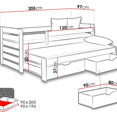 Rozkládací dětská postel 90x200 GERA - bílá / šedá