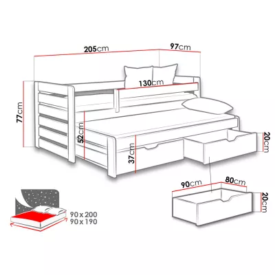 Rozkládací dětská postel 90x200 GERA - bílá / šedá