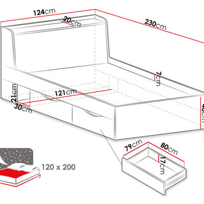 VÝPRODEJ - Jednolůžková postel se šuplíky 120x200 SAUTA - dub / antracitová