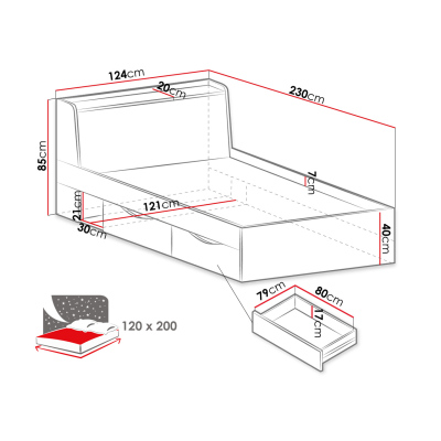 VÝPRODEJ - Jednolůžková postel se šuplíky 120x200 SAUTA - dub / antracitová