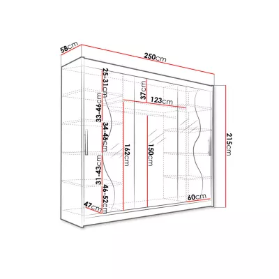 Vysoká šatní skříň se zrcadlem 250 cm HORTENSIA 3 - dub sonoma + RGB osvětlení ZDARMA
