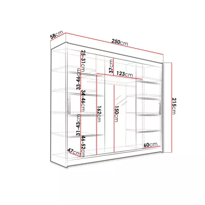 Velká šatní skříň se zrcadlem 250 cm HORTENSIA 4 - dub sonoma