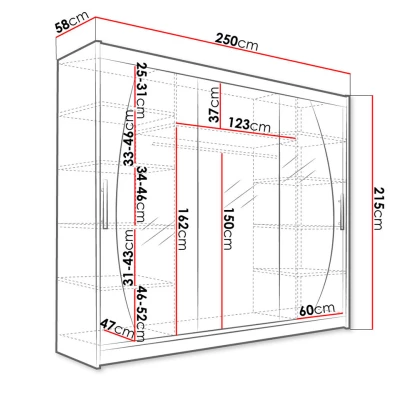 Velká zrcadlová šatní skříň 250 cm HORTENSIA 9 - černá + RGB osvětlení ZDARMA