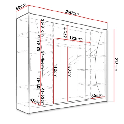 Vysoká zrcadlová šatní skříň 250 cm HORTENSIA 8 - bílá