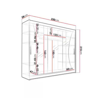 Vysoká zrcadlová šatní skříň 250 cm HORTENSIA 8 - bílá