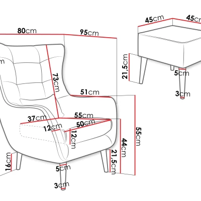 Designové křeslo ušák s taburetkou LEVI - ocelové