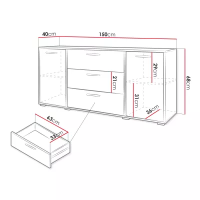 Kombinovaná široká komoda HORUS - matera / lesklá bílá