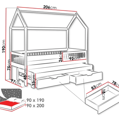 Dětská postel domeček s přistýlkou 90x200 DABI - bílá