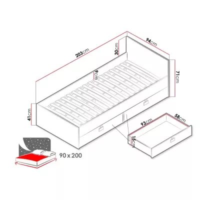 Jednolůžková postel do studentského pokoje 90x200 BASHIRA - dub / dub artisan lesklá