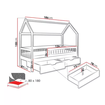 Dětská domečková postel se šuplíky 80x180 AVALON - buk