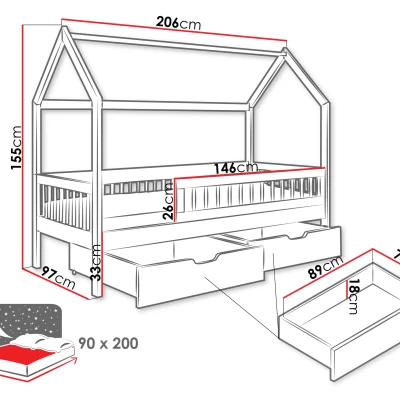 Dětská domečková postel se šuplíky 90x200 AVALON - bílá