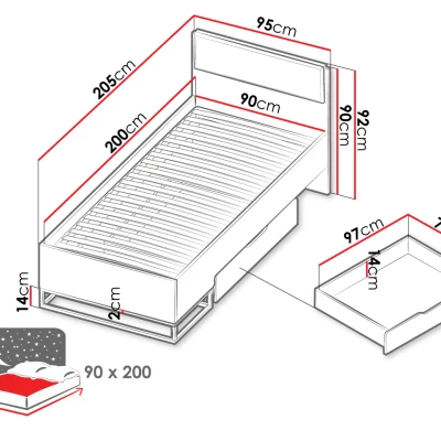 Jednolůžková postel s úložným prostorem 90x200 FABENS - ořech hickory / matná bílá / šedá