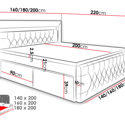 VÝPRODEJ - Boxpringová postel s LED osvětlením a dvěma šuplíky 140x200 DELBIN - šedá + topper ZDARMA