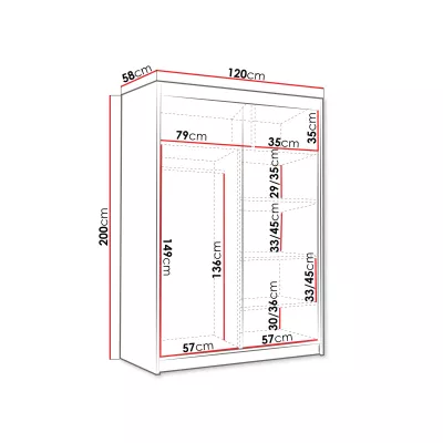 VÝPRODEJ - Úzká šatní skříň 120 cm se zrcadlem STOWEL - černá