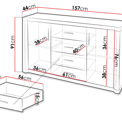 VÝPRODEJ - Kombinovaná komoda ARIKA - šířka 157 cm, dub lanýž