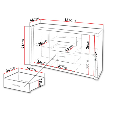 VÝPRODEJ - Kombinovaná komoda ARIKA - šířka 157 cm, dub lanýž
