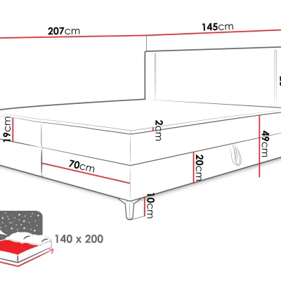 Americká manželská postel 140x200 s LED osvětlením FIDOREA - světlá béžová + topper ZDARMA