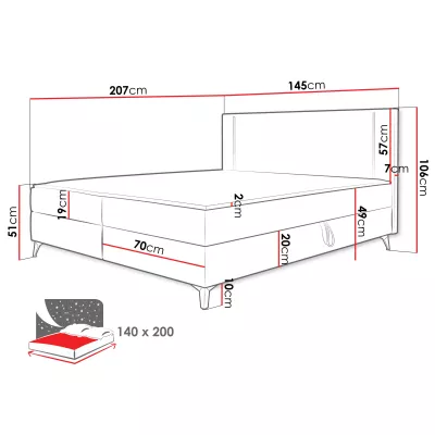 Americká manželská postel 140x200 s LED osvětlením FIDOREA - starorůžová + topper ZDARMA