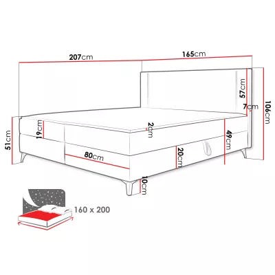 Americká manželská postel 160x200 s LED osvětlením FIDOREA - světlá béžová + topper ZDARMA