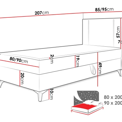 Americká jednolůžková postel 90x200 FIDOREA - tyrkysová, levé provedení + topper ZDARMA