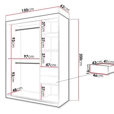 Šatní skříň 150 cm s posuvnými dveřmi a šuplíky ORIOT - bílá / černá