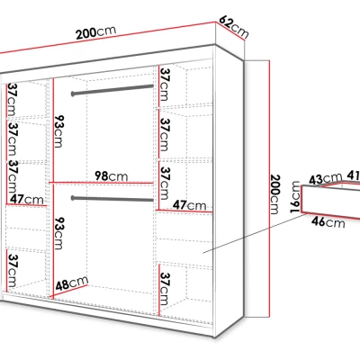 Vysoká šatní skříň 200 cm s posuvnými dveřmi a šuplíky ORIOT - bílá / černá