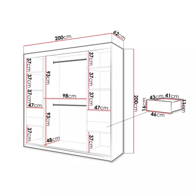 Vysoká šatní skříň 200 cm s posuvnými dveřmi a šuplíky ORIOT - bílá / černá