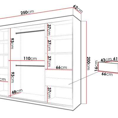 Velká šatní skříň 250 cm se zrcadlem a šuplíky ORIOT - bílá / černá