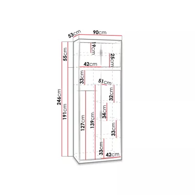 Úzká šatní skříň 90 cm s nástavbou ARCATA - dub sonoma