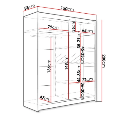 Zrcadlová šatní skříň 150 cm s posuvnými dveřmi PIRITU 5 - dub artisan / černá