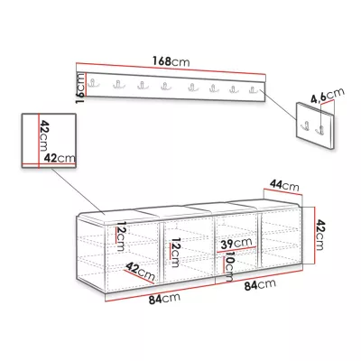 Nábytek do chodby s čalouněnými panely 42x42 SELAND 8 - bílý / šedý