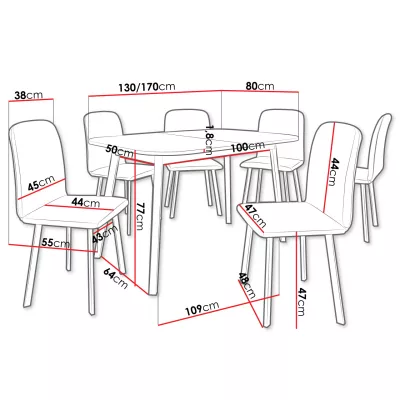 Jídelní set 6+1 MELRA - šedý mramor / černý / šedý