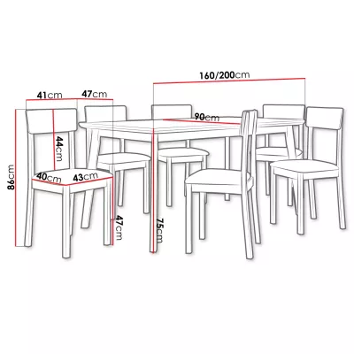 Rozkládací stůl 160 cm s 6 židlemi ADELBITE 7 - bílý / ocelový šedý