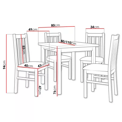 Jídelní rozkládací stůl 80 cm se 4 židlemi ADELBITE 4 - dub sonoma / tmavá olivová