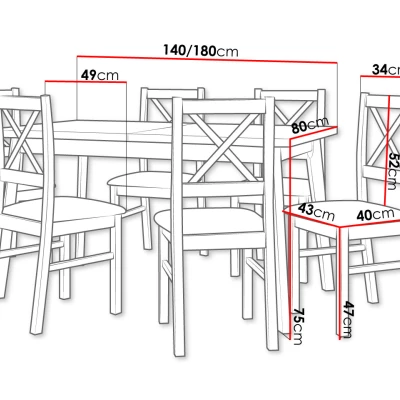 Rozkládací jídelní stůl 140 cm s 6 židlemi ADELBITE 3 - dub artisan / bílý / černý