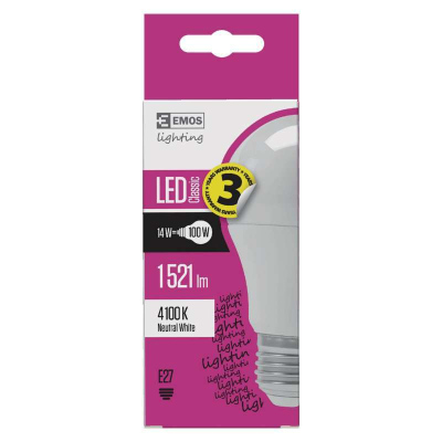 LED žárovka, E27, A60, 14W, 1521lm, 4100K, neutrální bílá / denní světlo