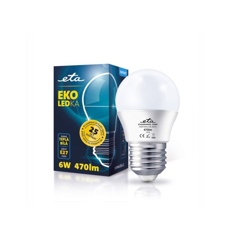 LED Žárovka ETA EKO mini globe, E27, 6W, 3000K, teplá bílá