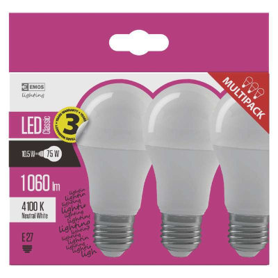 Sada 3xLED žárovka CLS A60, E27, 10,5W, neutrální bílá / denní světlo