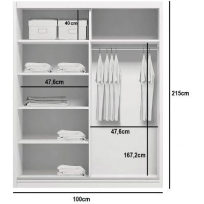 Prostorná šatní skříň se zrcadlem HUGO, šířka 100 cm, výška 215 cm